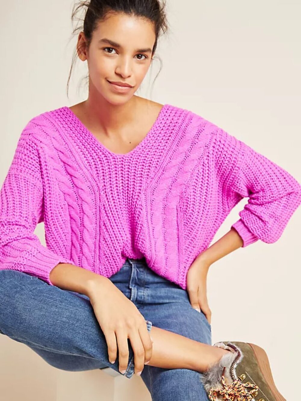 NWOT HEARTLOOM Evon Orchid Fuchsia Pink Cable Knit V-Neck Sweater, Size L